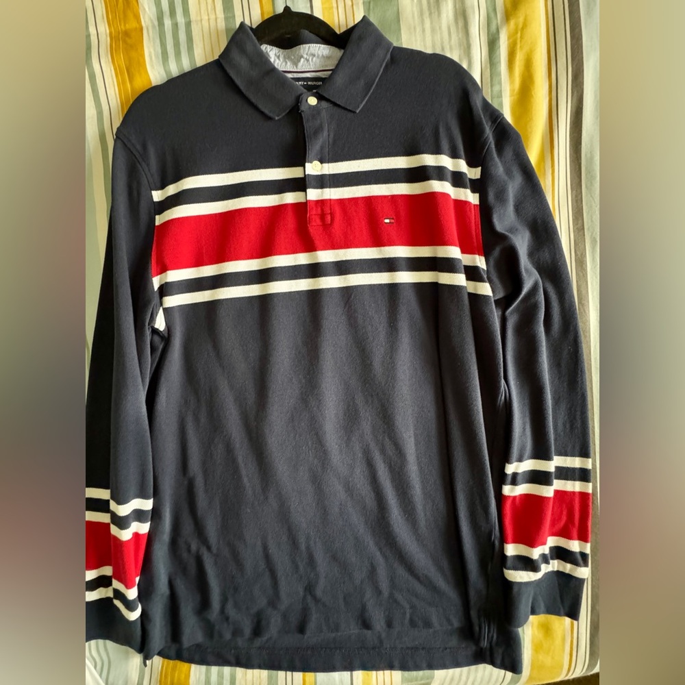 Tommy Hilfiger Men's Lewiston Striped Classic Fit Long Sleeve Polo Shirt Size L